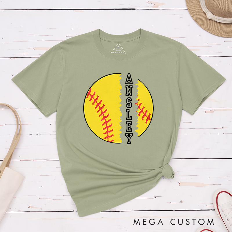 Personalized Softball T-Shirt Design Featuring Torn Softball Graphic and Customizable Vertical Name Text for a Bold and Unique Look