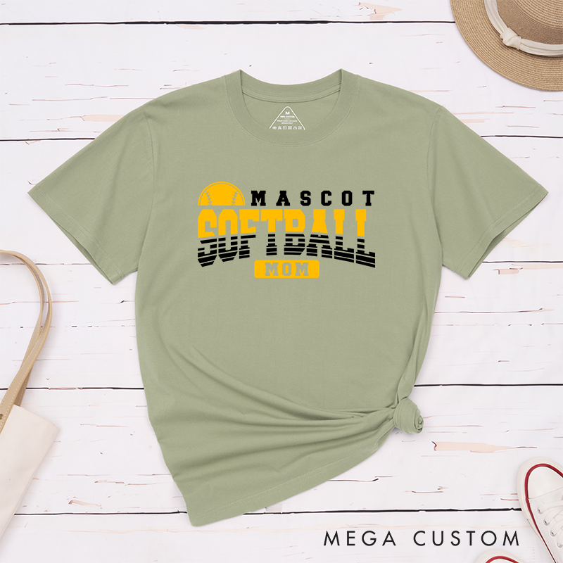 Personalized Softball Mom T-Shirt Design Featuring Custom Team Name Bold Gradient Typography Central Softball Graphic and Highlighted "Mom" Element