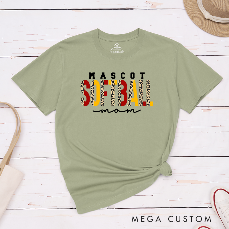 Personalized Softball Mom T-Shirt Design Featuring Custom Team Name Leopard Print Bold Typography and Stylish Script Accent