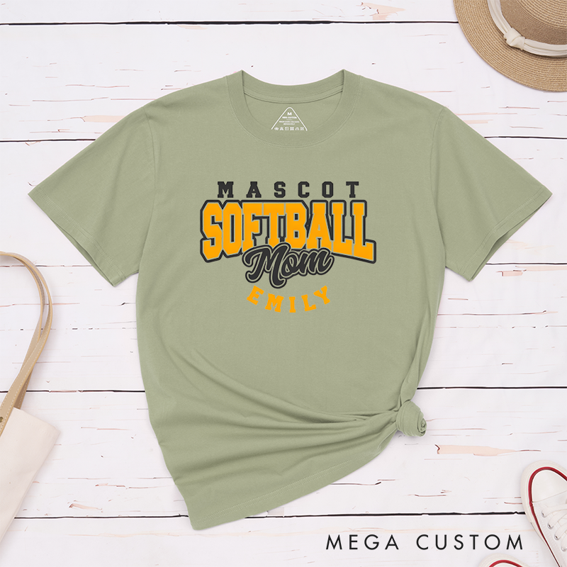 Personalized Softball Mom T-Shirt Design Featuring Custom Team Name Player Name Bold Typography and Stylish Script Accent