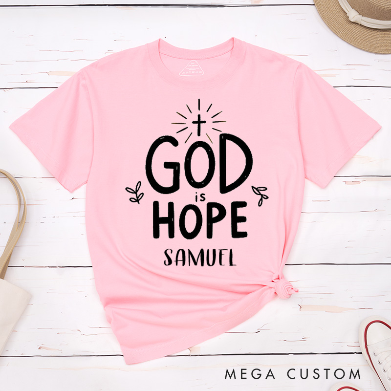 Personalized God Is Hope Classic T-Shirt with Name Small Leaf Christian Shirt Faith Based Shirt Gift for Christians