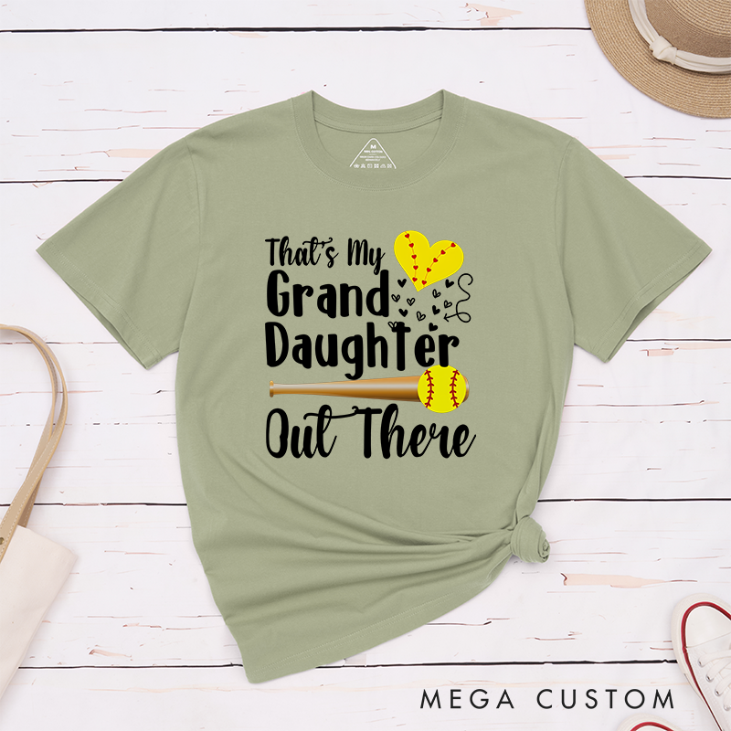 Personalized Softball Support T-Shirt Design Featuring Customizable Text for Granddaughter or Other Titles Bold Typography Heart-Shaped Stitching Graphic Softball Bat and Ball Elements
