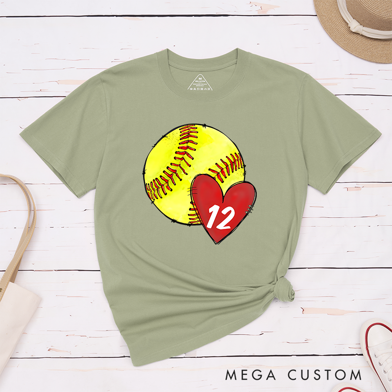 Personalized Softball T-Shirt Design Featuring Hand-Drawn Softball Graphic Heart Element and Customizable Player Jersey Number for a Unique Supportive Look