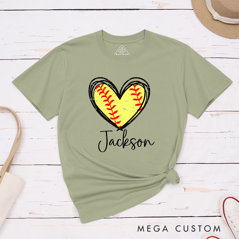Personalized Softball Heart T-Shirt Design Featuring Custom Name and Vibrant Softball Stitching Graphic