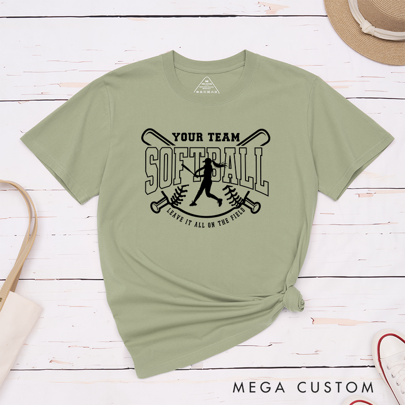 Softball Team T-Shirt Featuring Customizable Team Name Player Silhouette and Motivational Slogan Design
