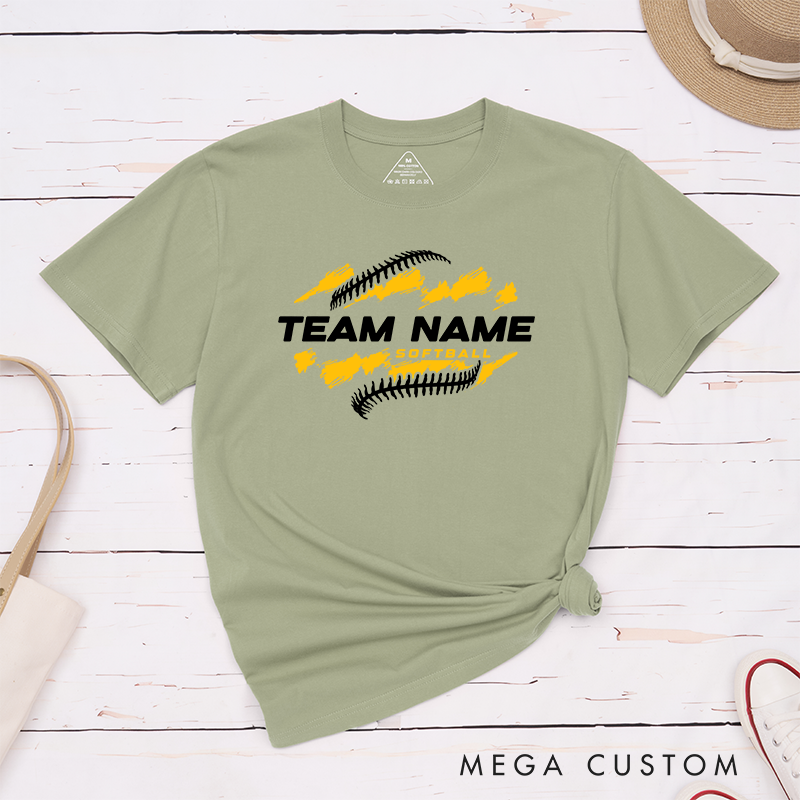Personalized Softball Team T-Shirt Design Featuring Customizable Team Name Bold Text Dynamic Brushstroke Elements and Softball Stitch Graphics