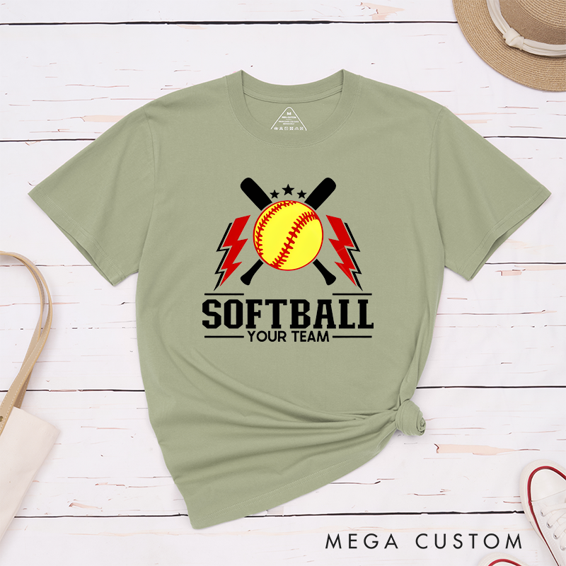 Personalized Softball Team T-Shirt Design Featuring Customizable Team Name Bold Softball Graphics Crossed Bats and Striking Lightning Elements