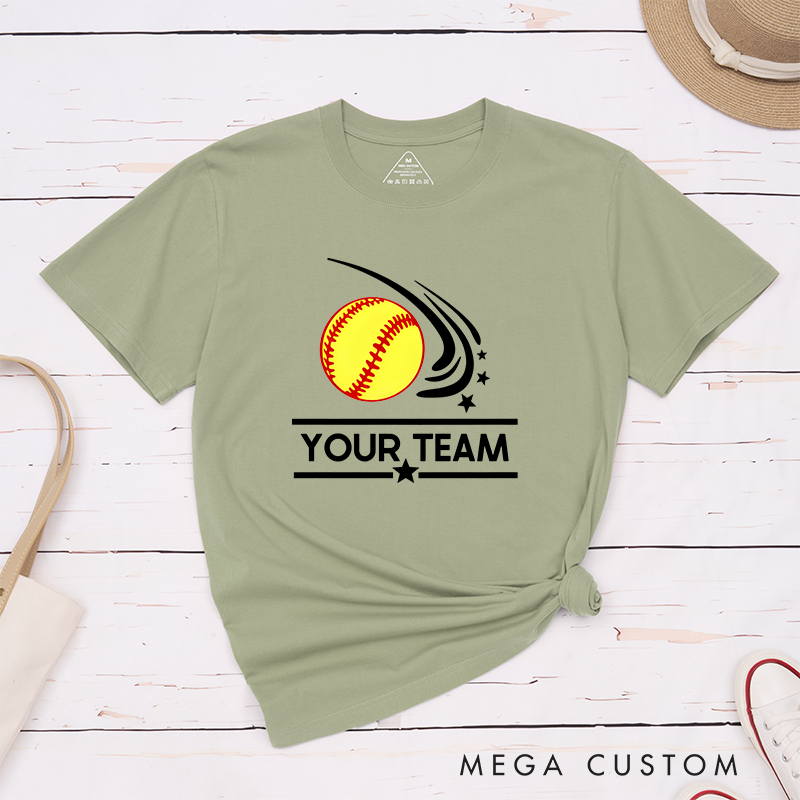 Personalized Softball Team T-Shirt Design Featuring Customizable Team Name Dynamic Softball Motion Graphic and Star Accents