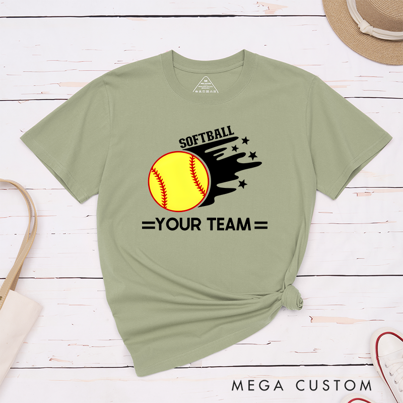 Personalized Softball Team T-Shirt Design Featuring Customizable Team Name Bold Motion Trail Graphic with Stars and Striking Softball Element