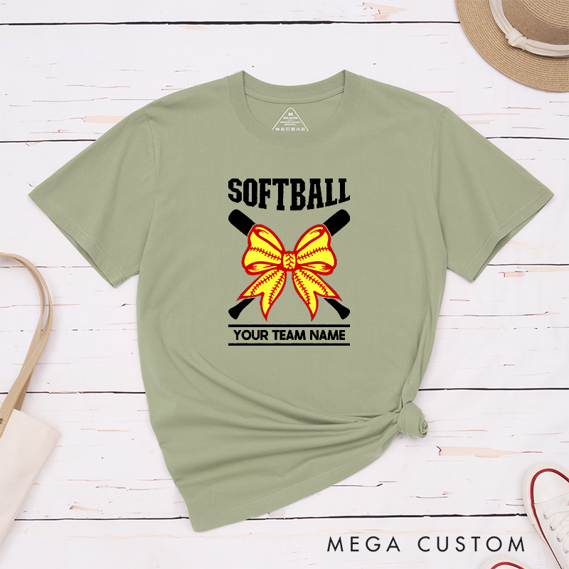 Personalized Softball Team T-Shirt Design Featuring Customizable Team Name Striking Softball Bow Graphic and Crossed Bats