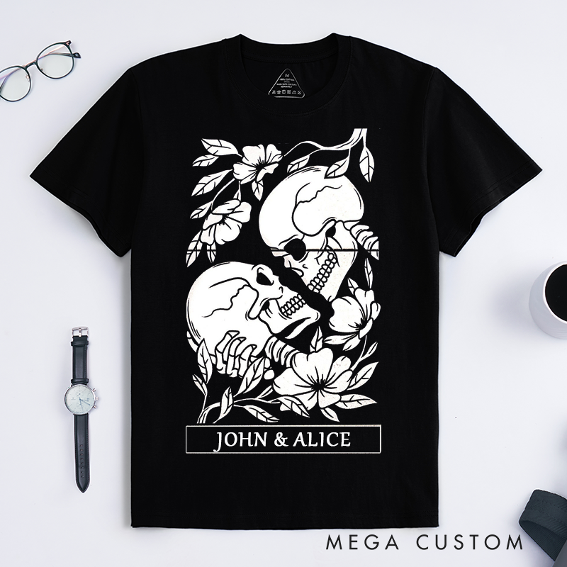 Personalized Tarot Lovers Classic T-Shirts Simple black and white style The Lovers  Skeleton Tarot Card  T-shirts Gift for Lover