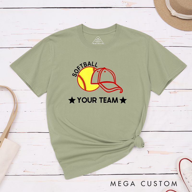 Personalized Softball Team T-Shirt Design Featuring Customizable Team Name Bold Softball Graphic and Baseball Cap Element