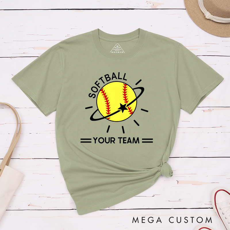 Personalized Softball Team T-Shirt Design Featuring Customizable Team Name Vibrant Softball Graphic with Orbiting Star and Radiating Lines