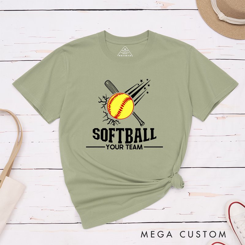 Personalized Softball Team T-Shirt Design Featuring Customizable Team Name Explosive Softball Graphic with Bat and Shooting Star Accents