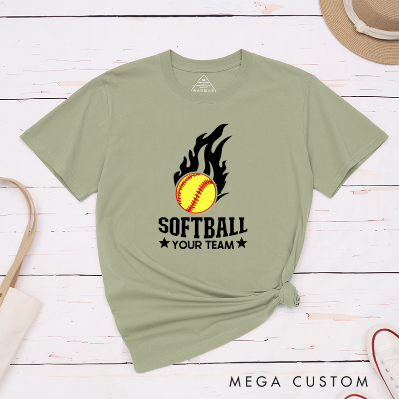 Personalized Softball Team T-Shirt Design Featuring Customizable Team Name Fiery Softball Graphic with Bold Star Accents