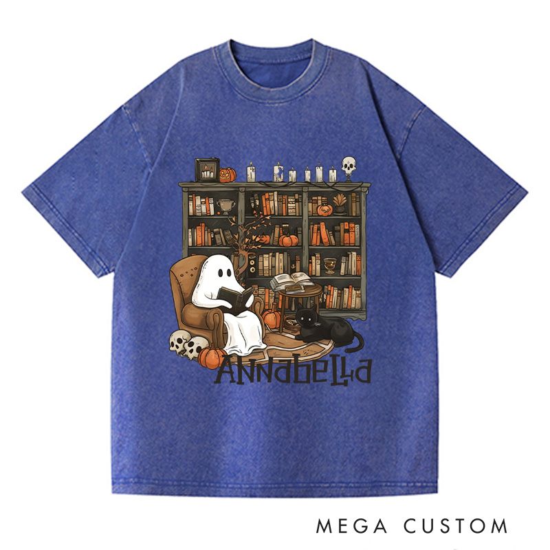 Personalized Retro Ghost Reading Books Washed T-Shirts Book Lover Shirt with Name Halloween Shirt Halloween Gifts Librarian Ghost Shirt