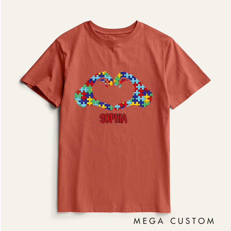 Personalized Heart LOVE Hands Puzzle Autism Awareness T-Shirt Mental Health Gift