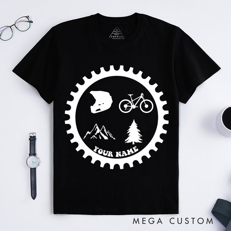 Personalized Mountain Biking Adventure T-Shirt with Mountain Helmet Bike Tree Graphics for Outdoor Adventures Riding Cycling Biking Enthusiasts