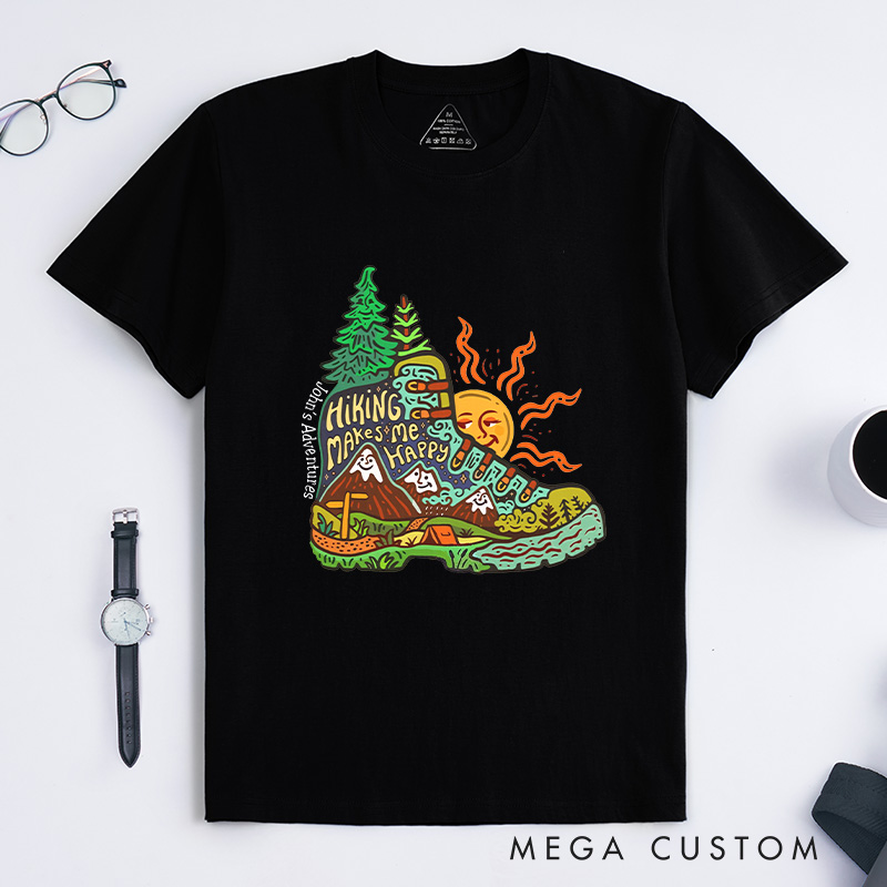 Personalized Hiking Makes Me Happy  T-Shirt Exploring Scenery Camping Adventure T-Shirt for Nature Travelers Outdoors Lover Gift