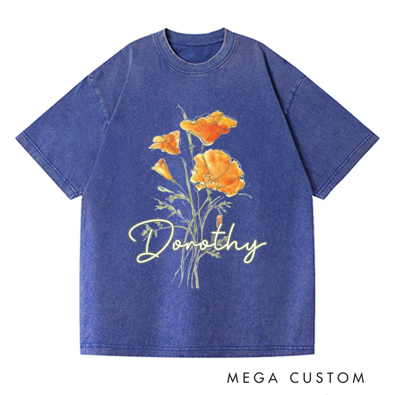 Personalized Golden Poppy Washed T-Shirts Wildflower Shirt Plant Lover Shirt Botanical Shirt California Poppy T shirt Gardening Lover Gift