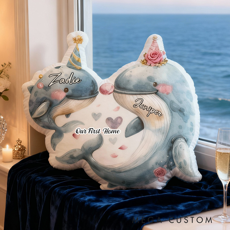 Personalized Dolphin Couple Pillow Custom Name Soft Decorative Cushion Cute Accent For Bedroom Living Room Wedding Anniversary Or Housewarming Gifts