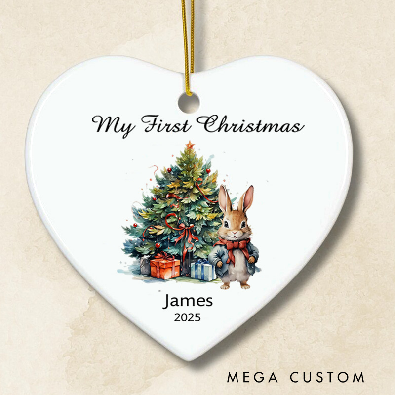 Personalized Holiday Bunny with Gifts and Christmas Tree Baby Christmas Ornament Baby Shower 1st Christmas Gift