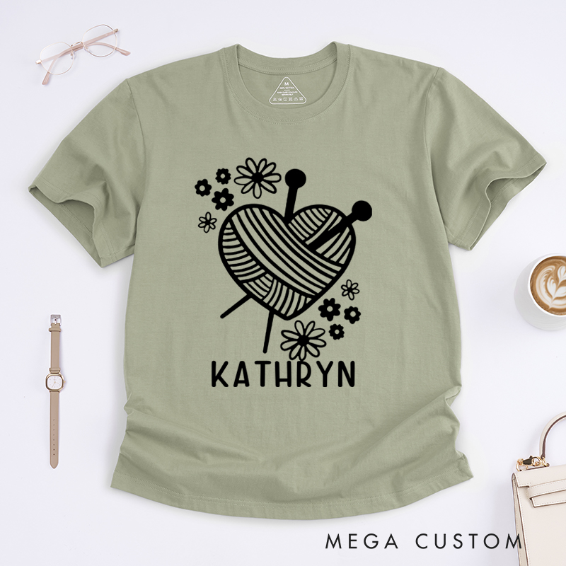 Personalized Knitting Heart Classic T-Shirts Gift for Knitting Lovers Cute Yarn Design Shirt Funny Knitting Tee