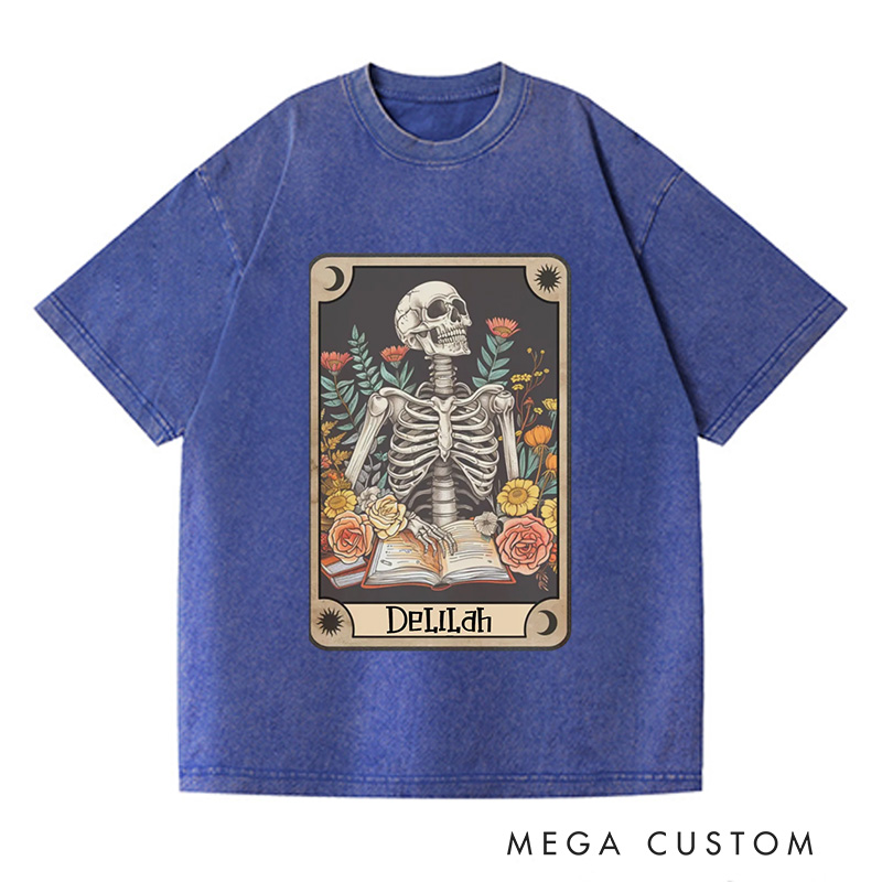 Personalized The Reader Tarot Card Washed T-Shirts Skeleton Reading Shirt Unisex Tarot Card Shirt Book Lover Gift Bookish Gift