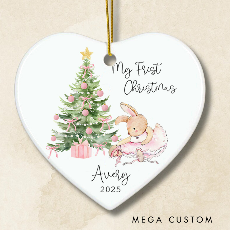 Personalized Heart Shaped Bunny and Tree Baby's First Christmas Ornament