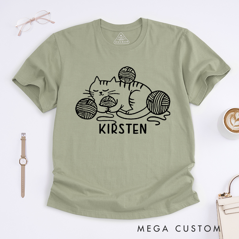 Personalized Knit Cat Classic T-Shirts Gift for Knitting Lovers Yarn Ball Cute Kitten Graphic Tee Cozy Pet Lover Shirt