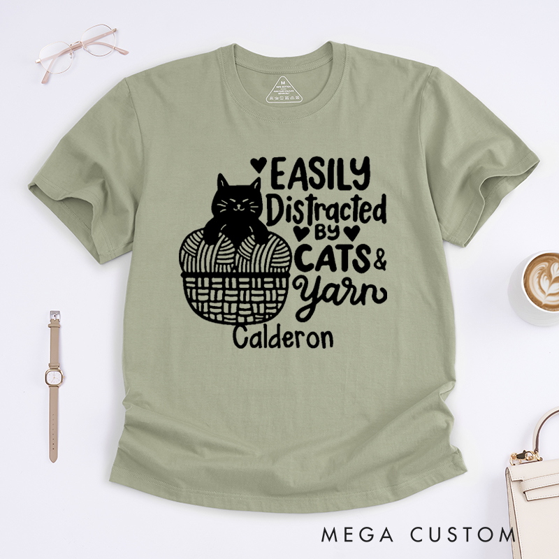 Personalized Easily Distracted by Cat and Yarn Classic T-Shirts for Knitting Lovers Funny Crochet Shirt Gift for Cat Lover