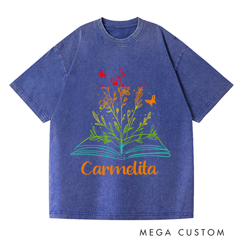 Personalized Book Flower Washed T-Shirts Library Shirts Book Reader Shirt Literary Shirt Book Lover Shirt Reading Tee