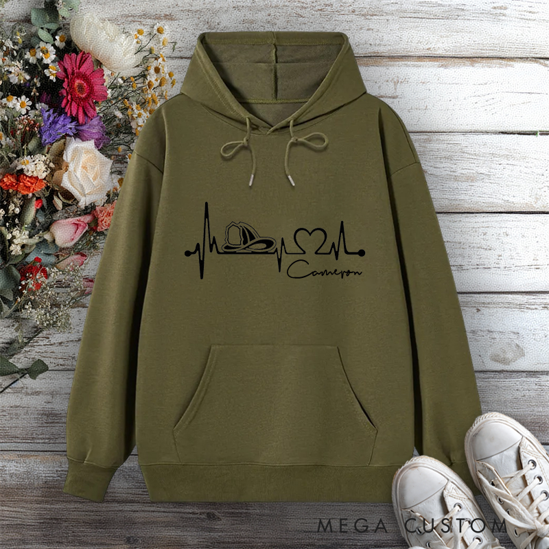 Personalized Hoodie Firefighter Heartbeat Line Design with Fire Helmet Gift for Firefighter