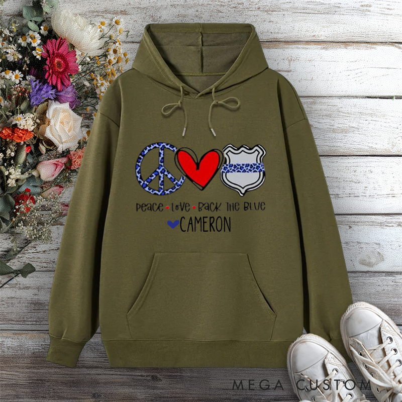 Personalized Police Wife Hoodie Peace Love Back the Blue Design Gift for Police Officers Wife