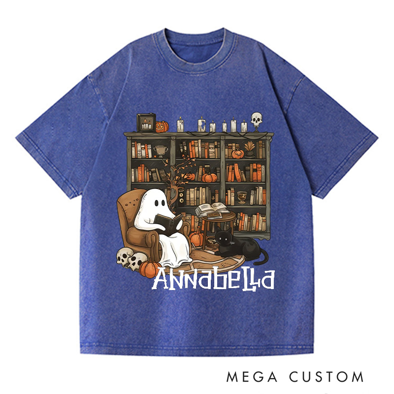 Personalized Retro Ghost Reading Books Washed T-Shirts Book Lover Shirt with Name Halloween Shirt Halloween Gifts Librarian Ghost Shirt