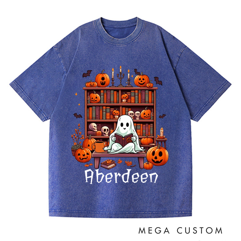 Personalized Ghost Book Reader Washed T-Shirts Reading Enthusiast Book Ghost Reader Tee for Literature Lover Boo Shirt Halloween Gifts