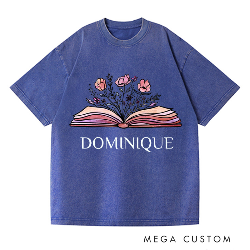 Personalized Flowers Book Washed T-Shirts Librarian Shirt Book Lovers Shirt Bookish Shirt Book Club Shirt Reader Shirt Gift For Bookworms Shirt