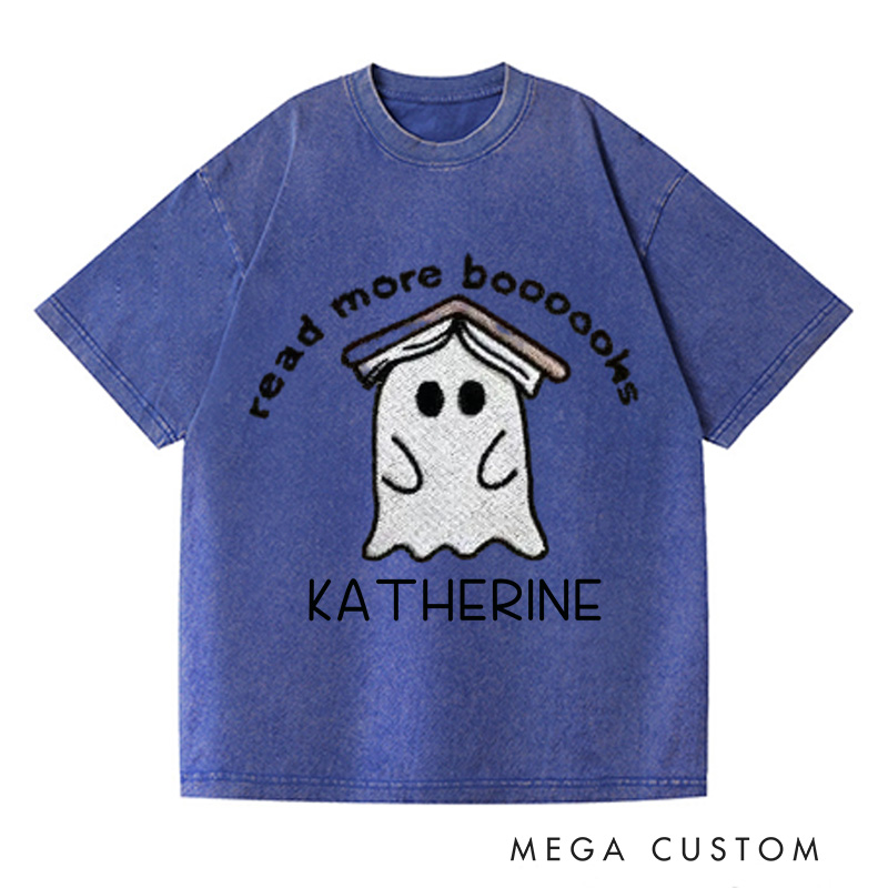 Personalized Ghost Book Washed T-Shirts Fall Spooky Season Tshirt Book Lover Shirt Cute Reading Ghost Shirt Halloween Gift Bookish-Librarian Gift