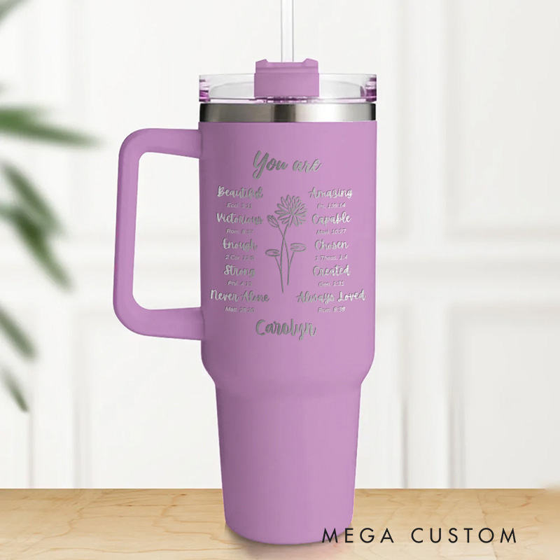 Personalized Birth Flower Bible Verse 40oz Insulated Tumbler with Name and Straw Christmas Gift for Women Christian Birthday Gift for Her