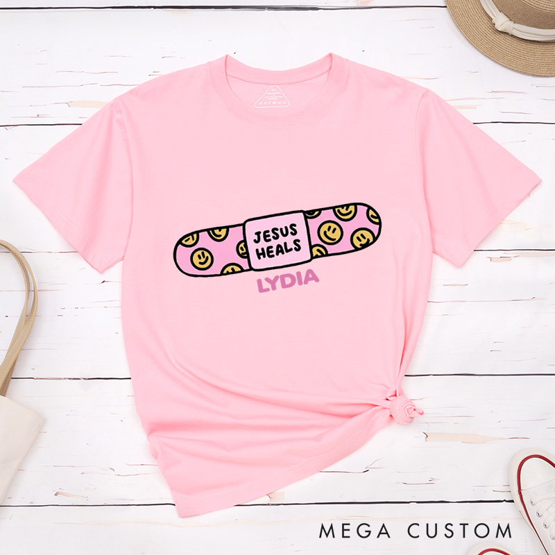 Personalized Jesus Heals Classic T-Shirt with Custom Name Smiley Faces Bandage Theme Religious Shirt Easter Gift for Christians Birthday Gift