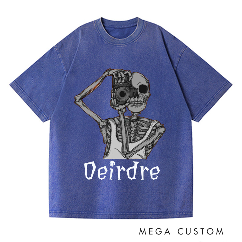 Personalized Skeleton Take Photos Washed T-Shirts Skeleton Shirt Funny Skeleton Tee Gifts For Those Who Love To Travel And Record Trip Lover Gift