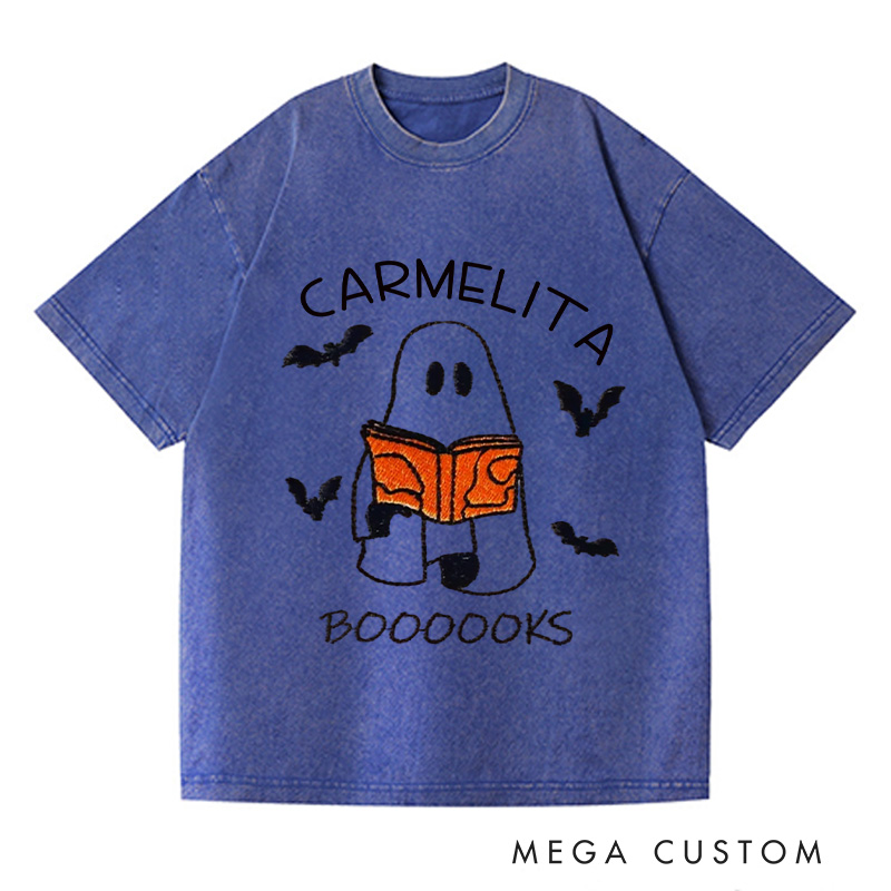 Personalized Booooks Washed T-Shirts Librarian Shirt Halloween Book Shirt Ghost Reading Shirt Reading Halloween Gift for Book Lover Shirt