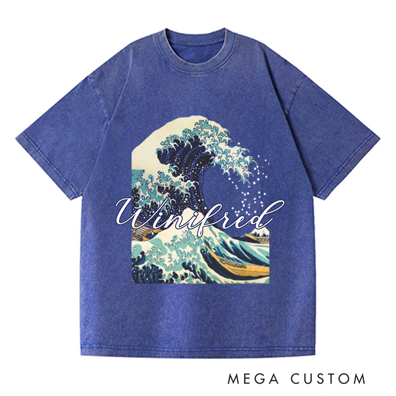 Personalized Giant Wave Washed T-Shirts Artistic Shirts Vacation Tee Customized Name Shirt Gift For Traveler