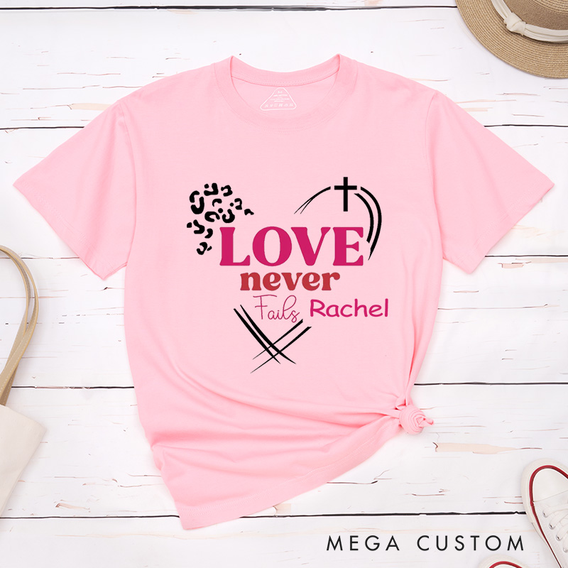 Personalized Love Never Fails Leopard Style Classic T-Shirt Bible Verse Cotton Shirt with Custom Name Easter Gift for Women