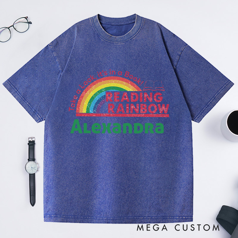 Personalized Reading Rainbow Washed T-Shirts for Librarian, Take a Look It's in a Book Shirt, Retro Librarian Tee with Name Book Lover Gift
