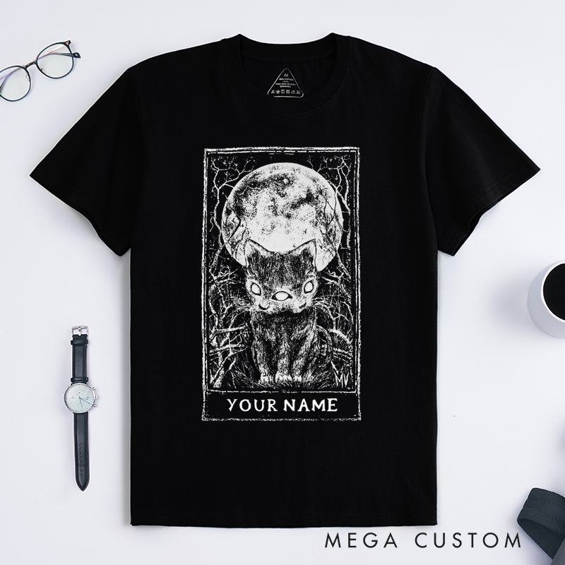Personalized Tarot Lovers Classic T-Shirts The Moon Tarot Card T-Shirt Gothic Style Dark Cat Gift