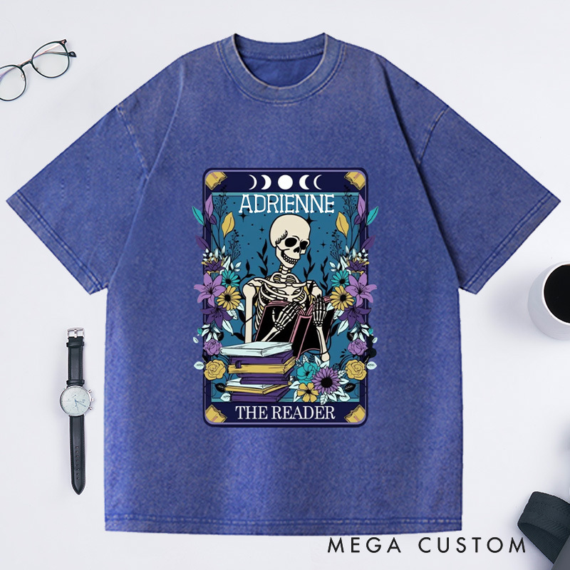 Personalized The Reader Washed T-Shirts Bookish Shirt Skeleton Tarot Shirt for Book Lover Gift Librarian Gift