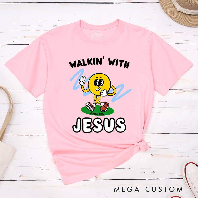 Personalized Walkin with Jesus Smiley Inspirational Shirt Cotton Classic T-Shirt with Custom Name Religious Gift Perfect Gift for Christians
