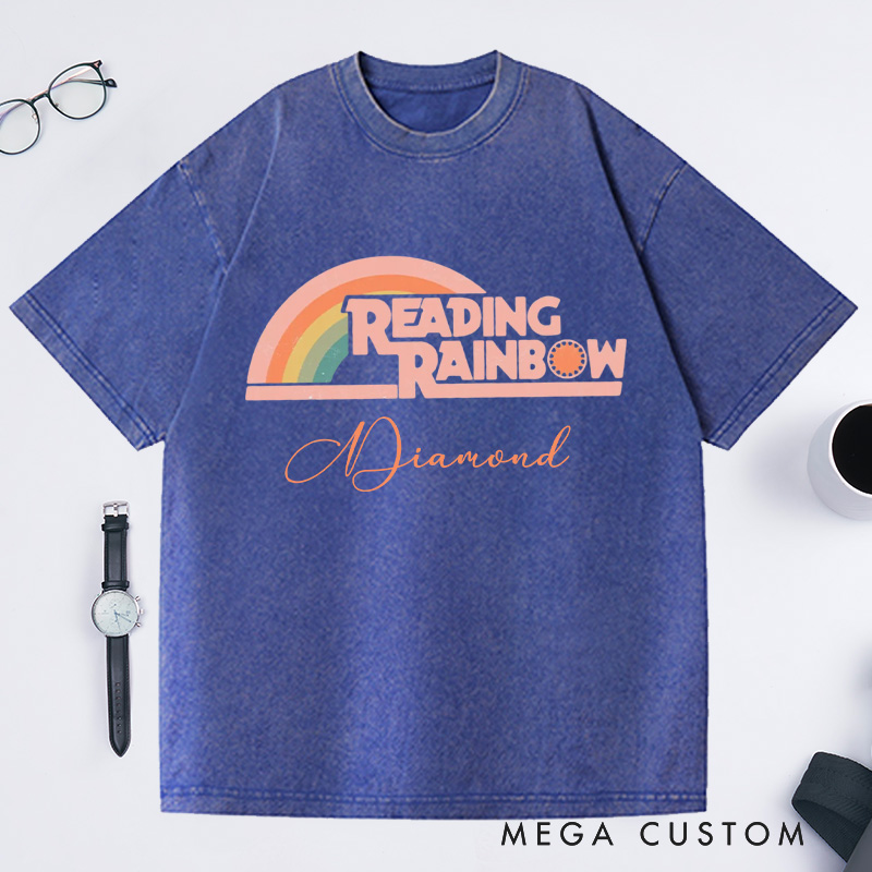 Personalized Reading Rainbow Washed T-Shirts Love to Read Tee Funny Librarian Tee with Name Reading Retro Tshirt Book Lover Shirt Gift for Reader