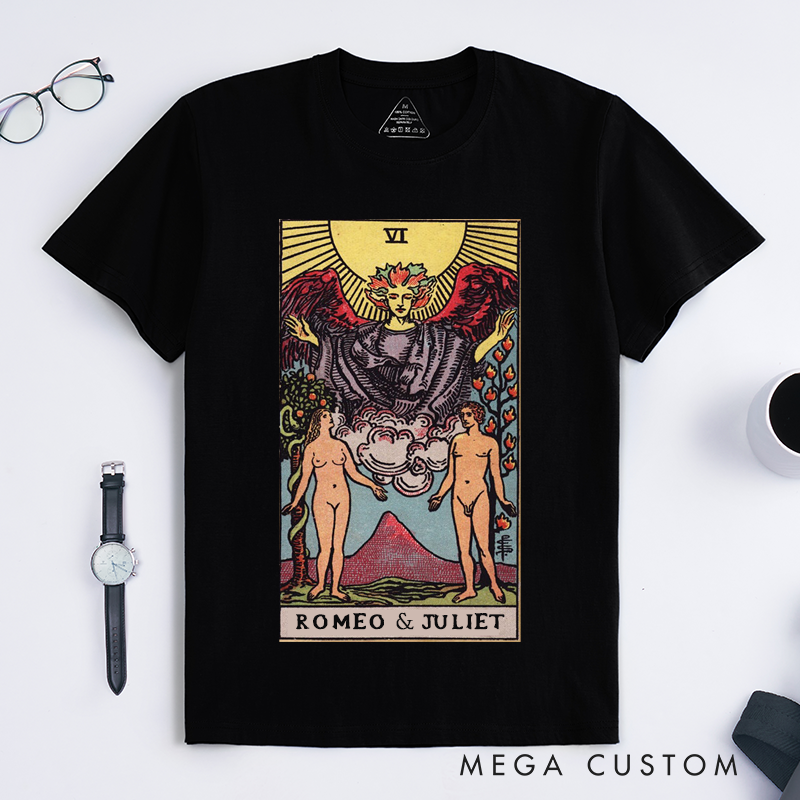 Personalized Lovers Tarot Card Classic T Shirts Custom Name Unique Art Unisex Gift for Couples Friendship Anniversary Birthday Spiritual Fashion